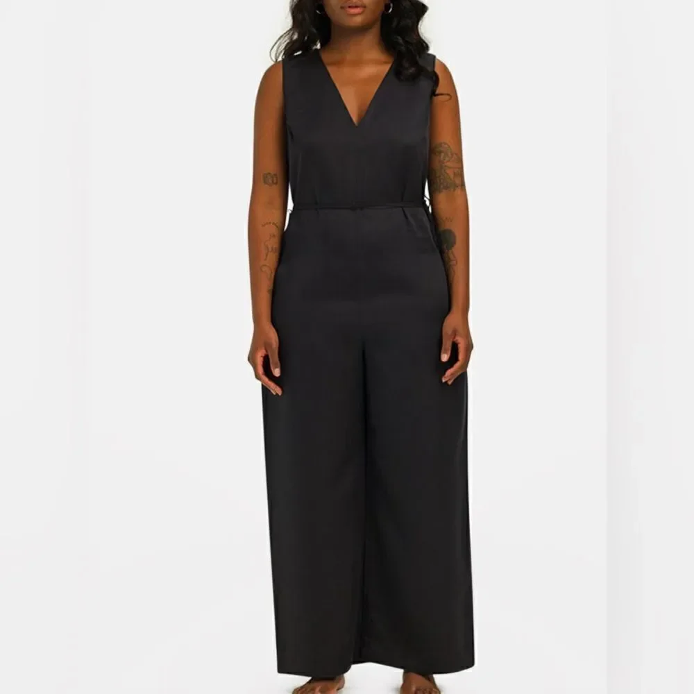 NWT Ettitude Women’s Sateen Jumpsuit V Neck Wide Legs - Onyx - Size XL